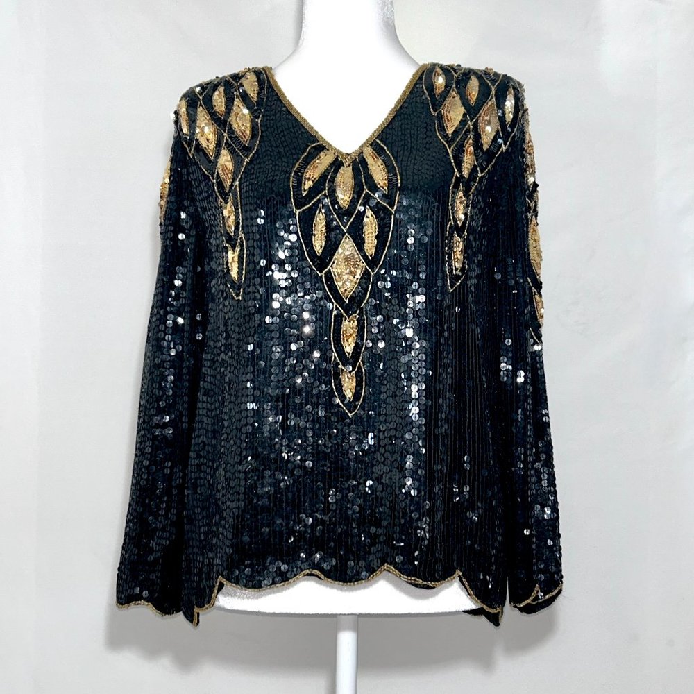Petite Illustrations - Vintage, Black & Gold Sequin Blouse, Petite Small